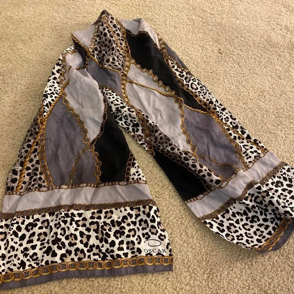 y2k Oscar de la Renta silk leopard print scarf with gold chain print